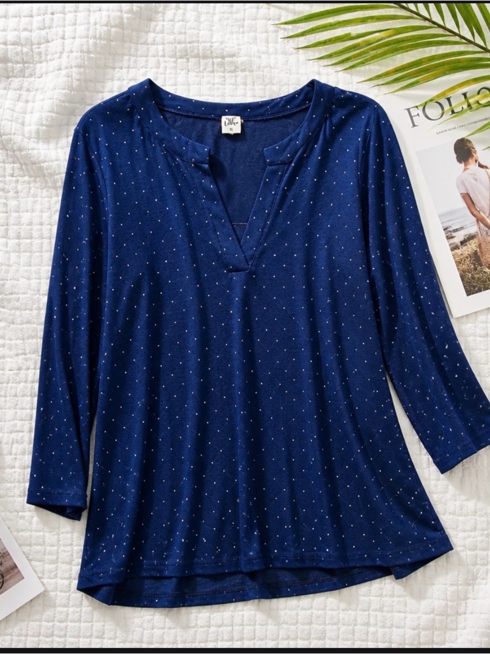 Sew In Love Navy V-Notch Long Sleeve Dot Top
